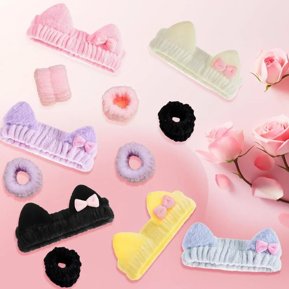 Spa Headband Wristband Set Cat Ear Coral Fleece Face Wash Makeup Gift